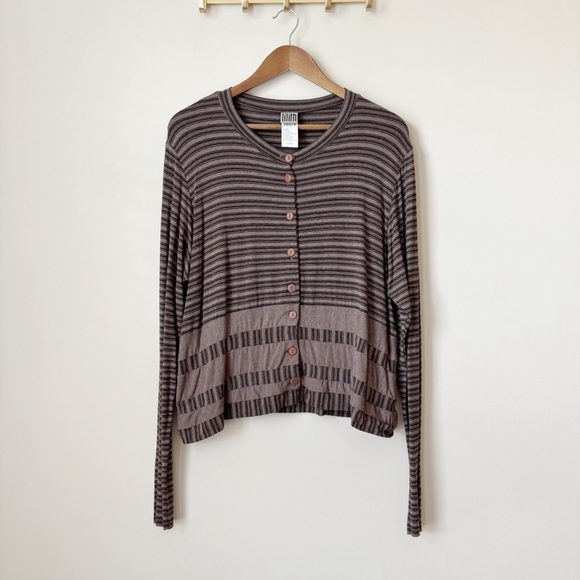 Lilith Striped Knit Top Medium Button Front Brown Lagenlook - Picture 1 of 7